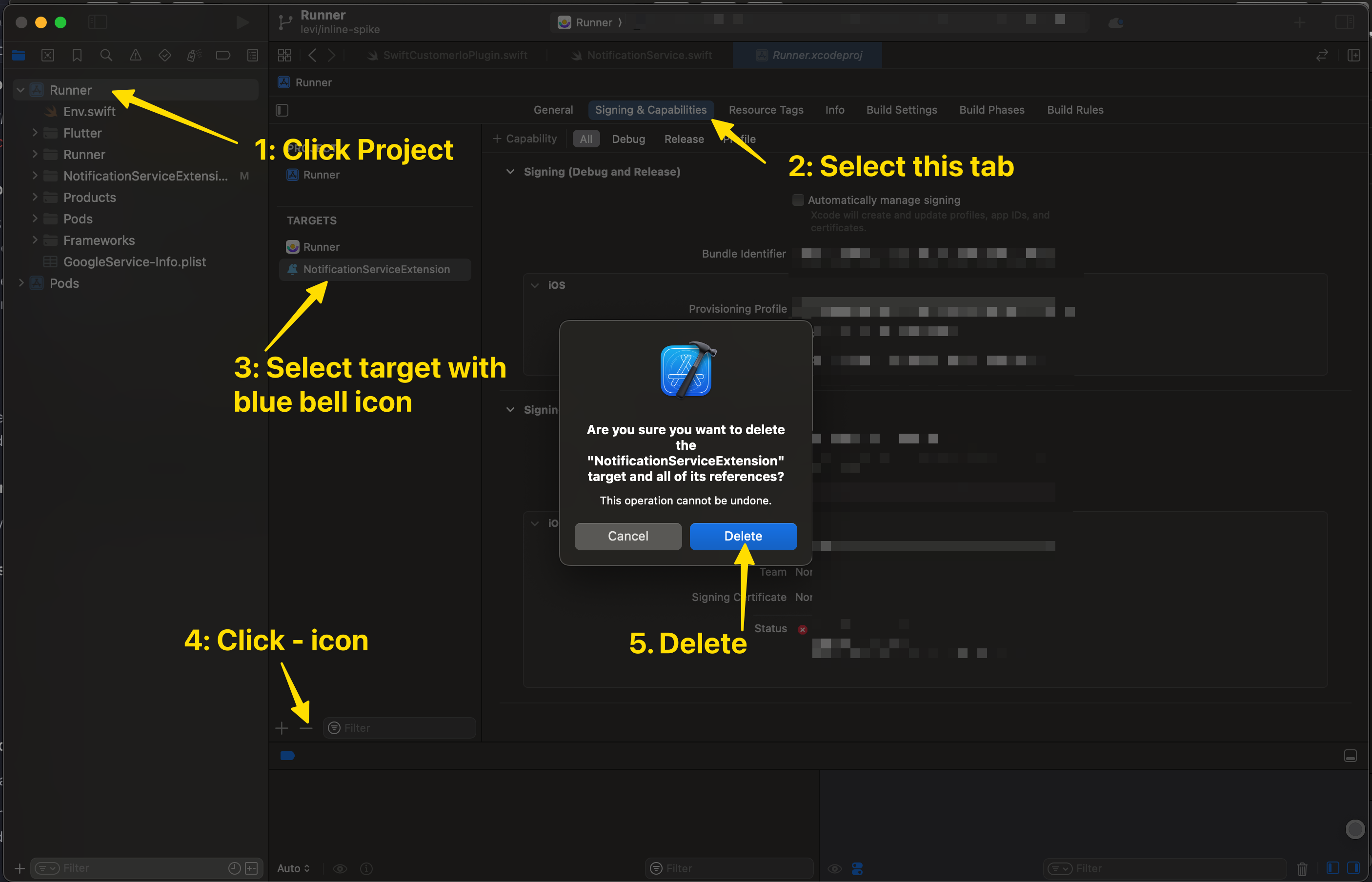 an image illustrating the 5 clicks you'll perform to delete your NSE target.