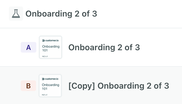 Close up of three files in the Design Studio dashboard table. The top header is the name of a file with a flask icon. Indented under this header are two variants A and B.