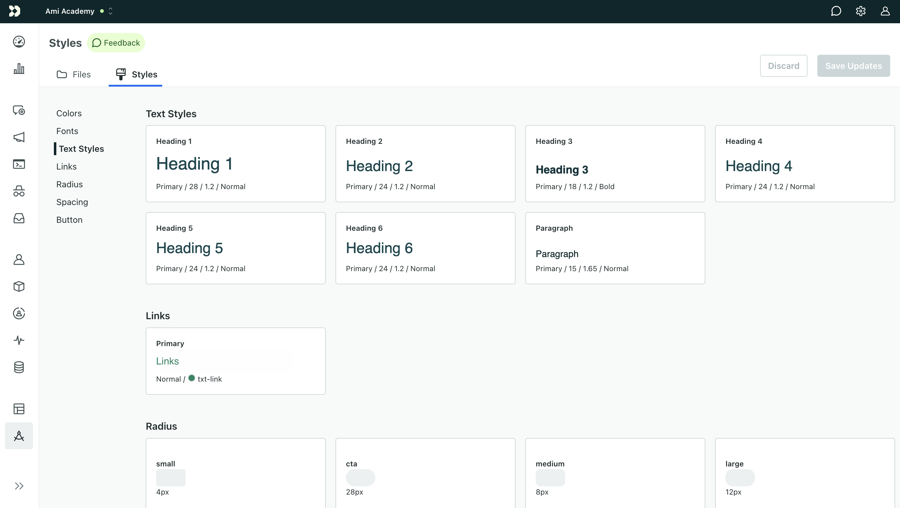 The global Styles page. On the left are a list of styles. Text Styles is selected and shows at the top to the right of the list. There are six heading blocks and one paragraph block. The edit modal for paragraphs is open.