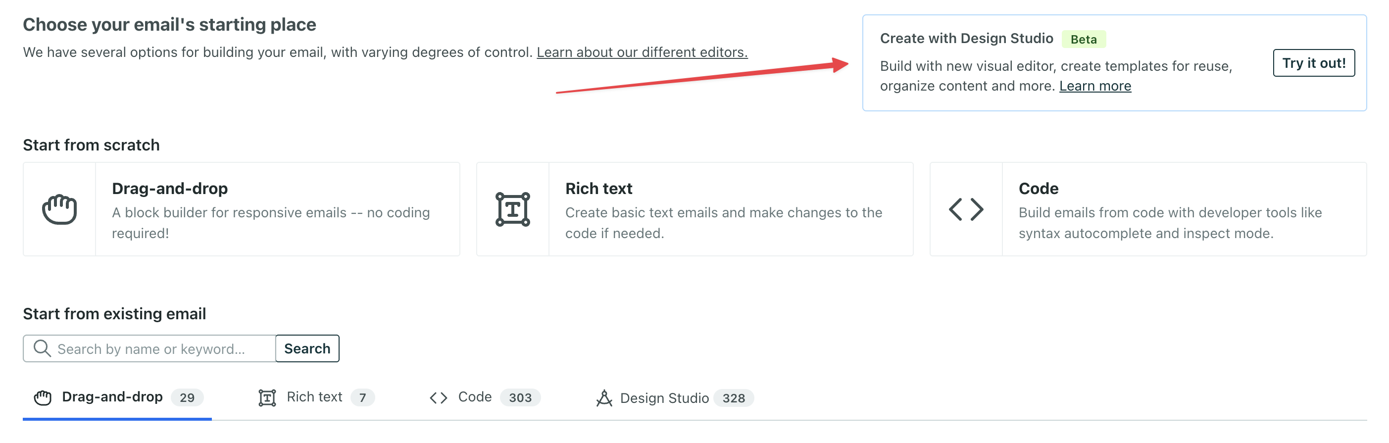 Email selection page. At the top right is a banner with a header Design Studio and a button with a label Try it out.