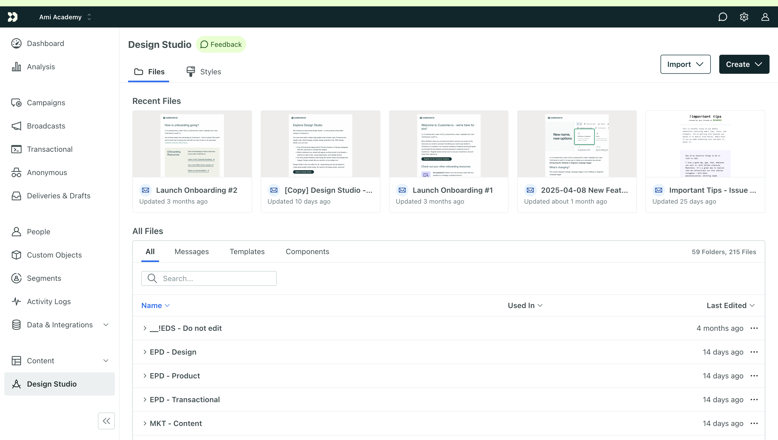 Design Studio is selected at the bottom of the left hand panel. The dashboard shows Files and Styles at the top. Under that is a preview of recently opened files. Under that All files is selected and shows a list of folders. In the top right are the buttons Import and Create.