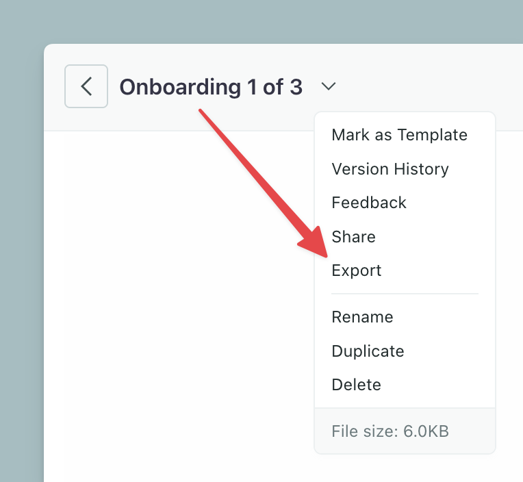 The top-left of the Design Studio editor. A dropdown menu with an arrow pointing to the Export option.