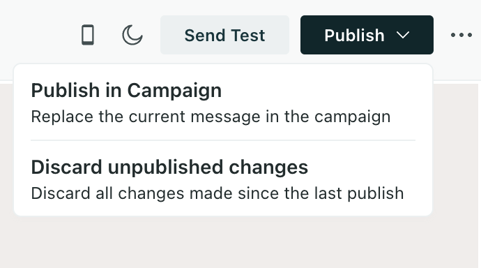 Top right of the Design Studio editor. A dropdown menu under the Publish button shows options to 'Publish in Campaign' or 'Discard unpublished changes.'