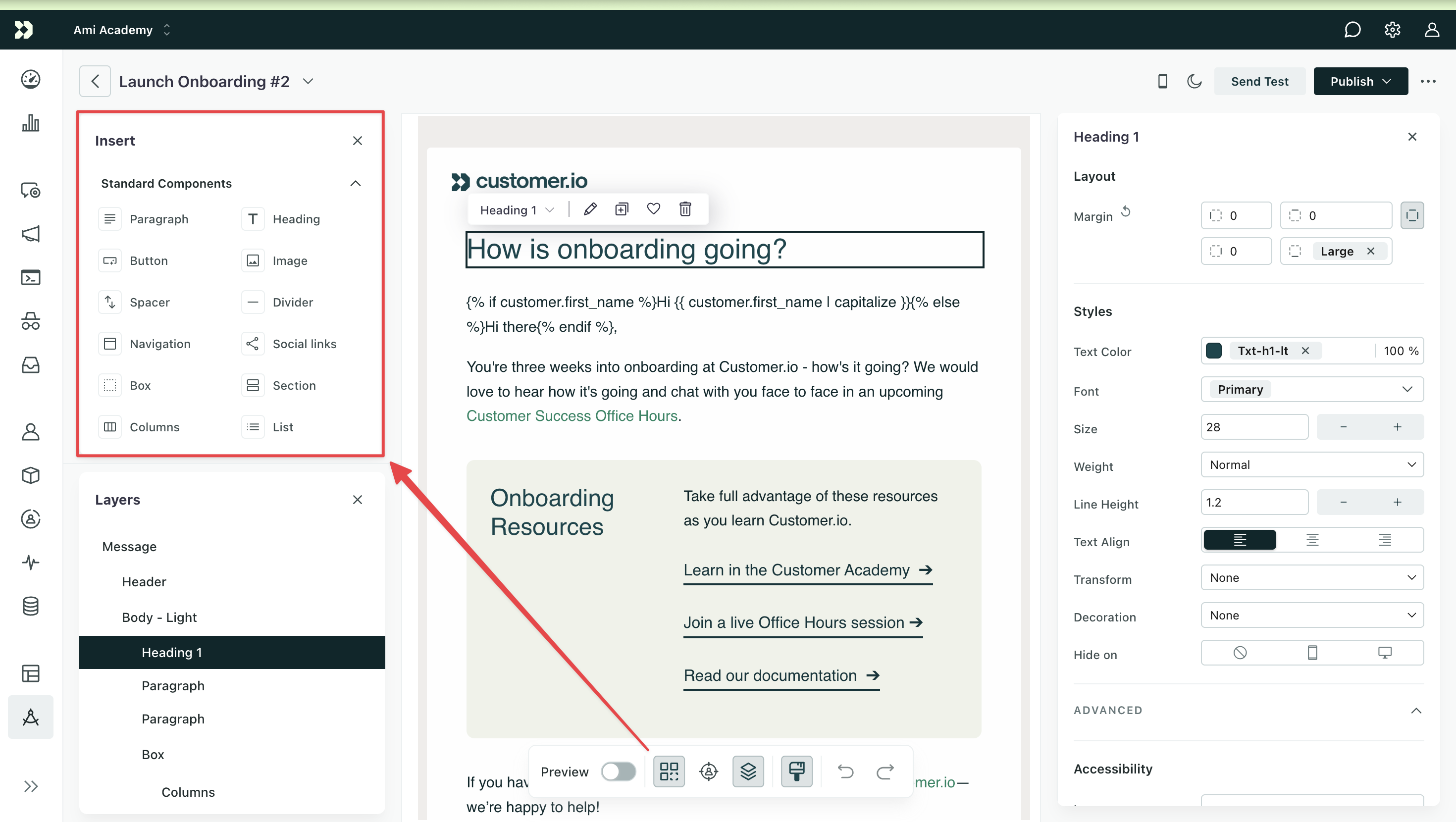 Design Studio visual editor. An arrow points from the Insert menu icon in the canvas toolbar at the bottom to the Insert menu in the top left. The menu includes standard components like headings and paragraphs.