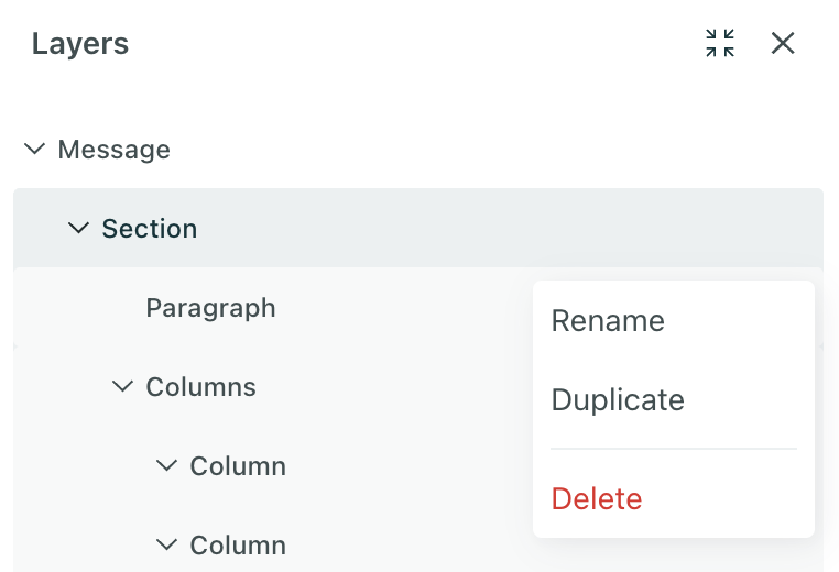 The Layers menu where the three dots are selected. A menu shows three options: Rename, Duplicate, and Delete.