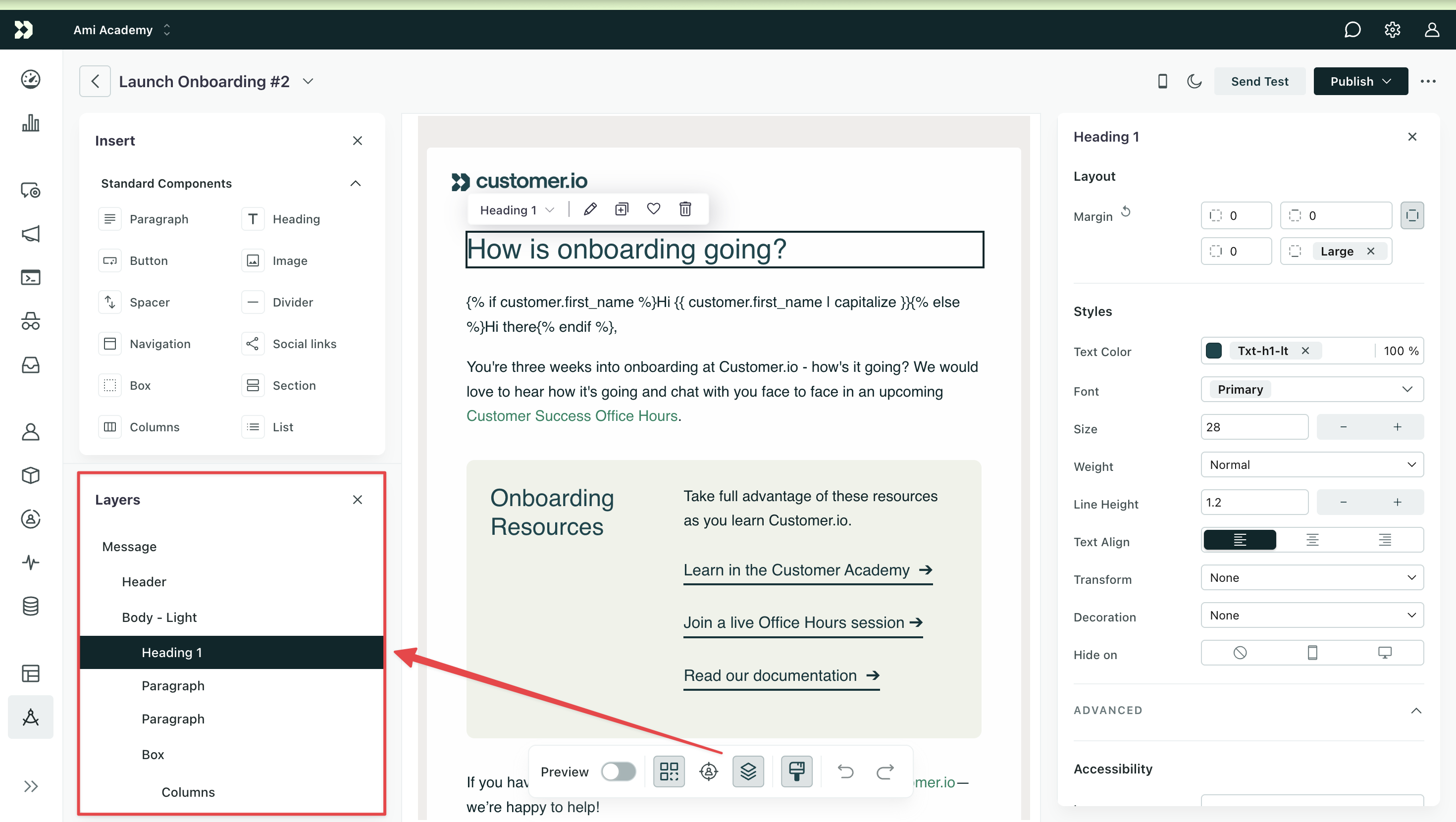 Design Studio visual editor. An arrow points from the Layers menu icon in the canvas toolbar at the bottom to the Layers menu in the bottom left. The menu includes Message at the top then a Header is indented underneath.