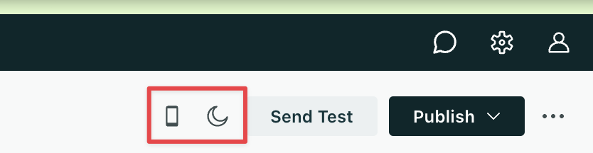 Design Studio visual editor with icons at the top for desktop view, mobile view, light mode, and dark mode.