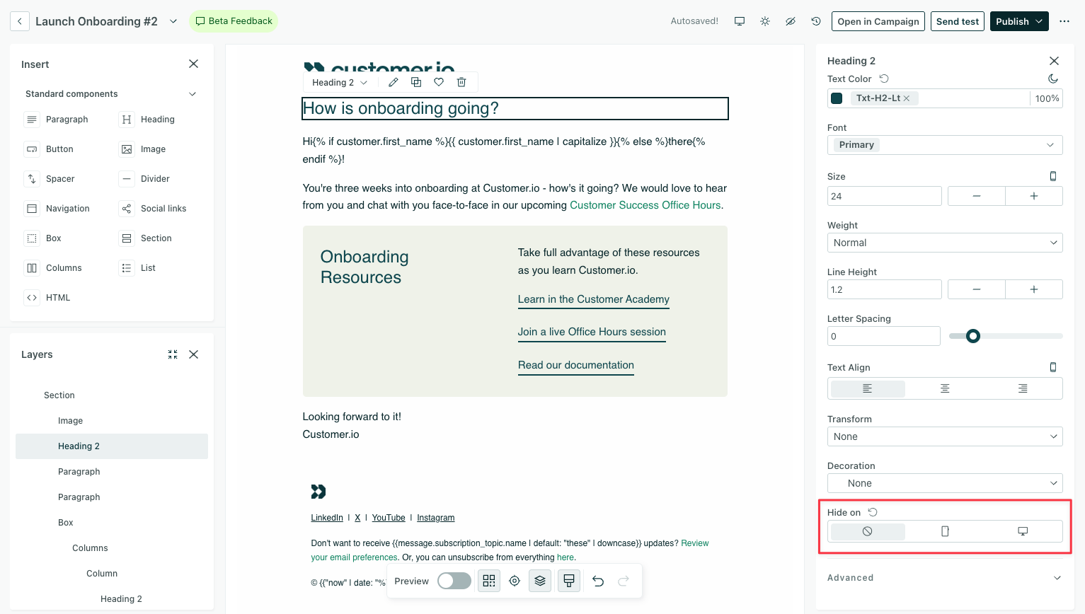 Design Studio visual editor. On the right is the Properties menu for a heading. Towards the bottom is a property named Hide on with no option selected.
