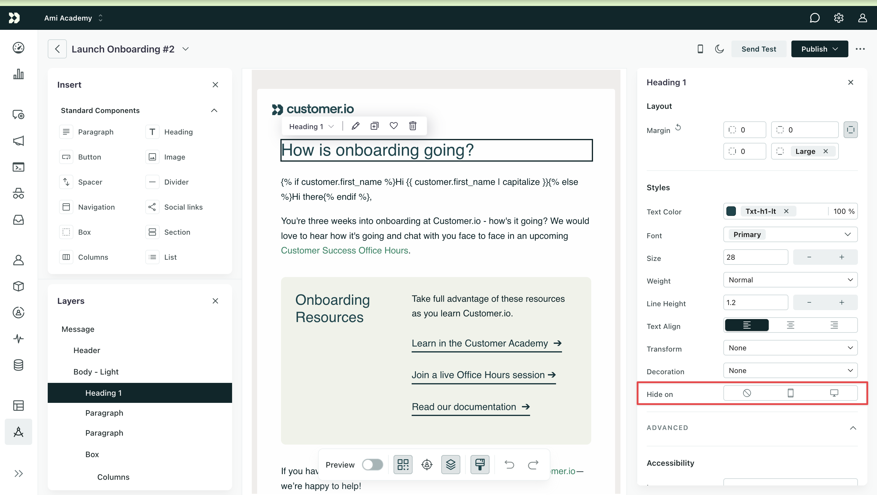 Design Studio visual editor. On the right is the Properties menu for a heading. Towards the bottom is a property named Hide on with no option selected.