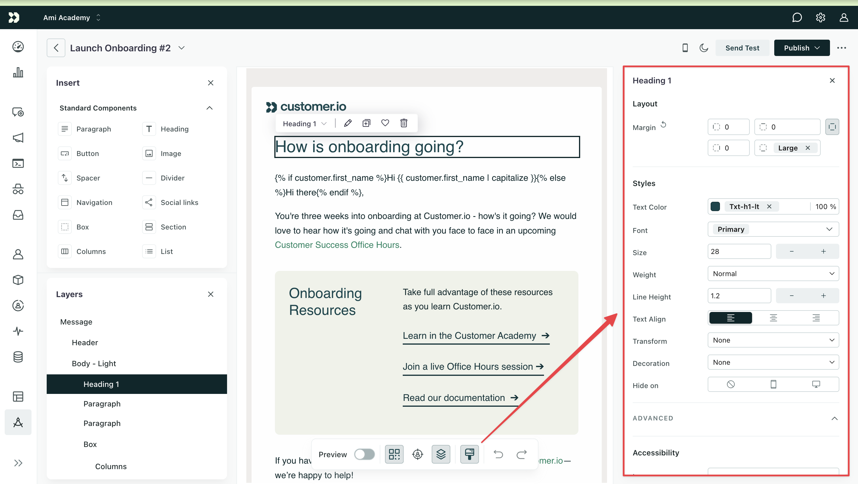 Design Studio visual editor. An arrow points from the Properties menu icon in the canvas toolbar at the bottom to the Properties menu on the right. The menu shows styles for Heading 1 which is selected on the canvas.