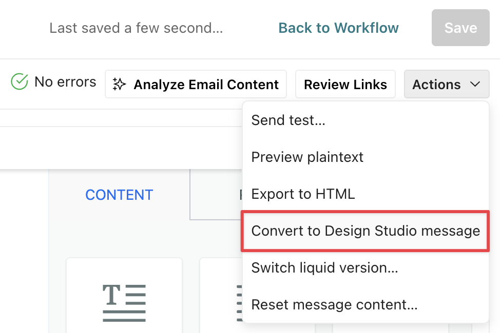 The action menu of the drag-and-drop editor shows the option Convert to Design Studio message.