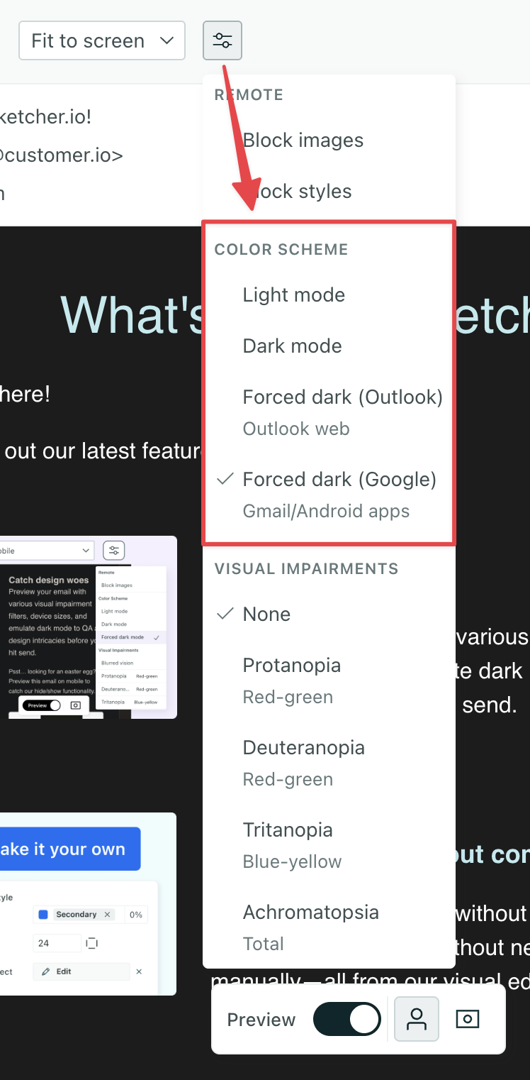 Design Studio visual editor preview. The top settings icon is selected and shows a dropdown include light, dark, and forced dark options.