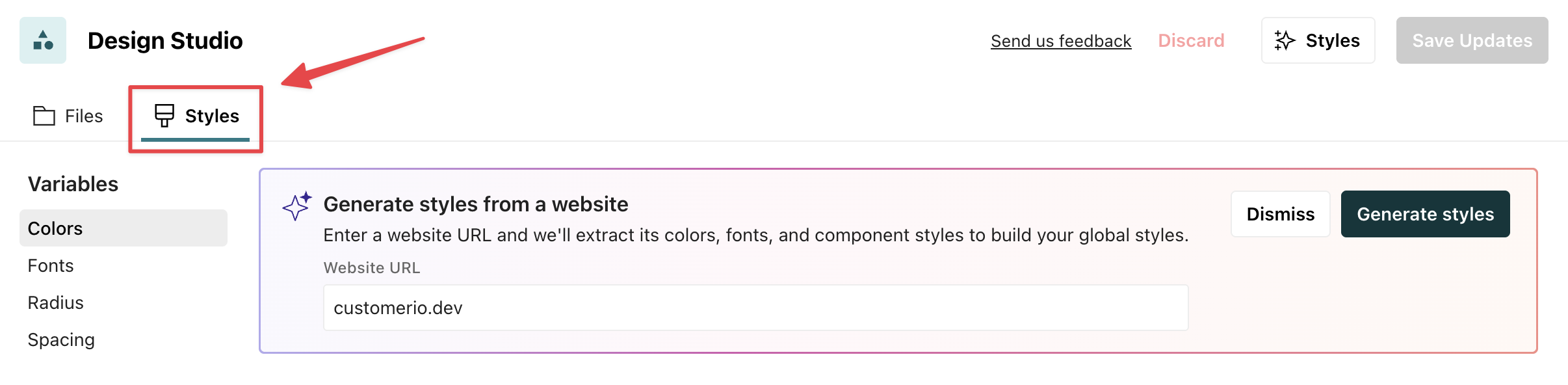 Under the heading Design Studio, the Styles tab is highlighted.