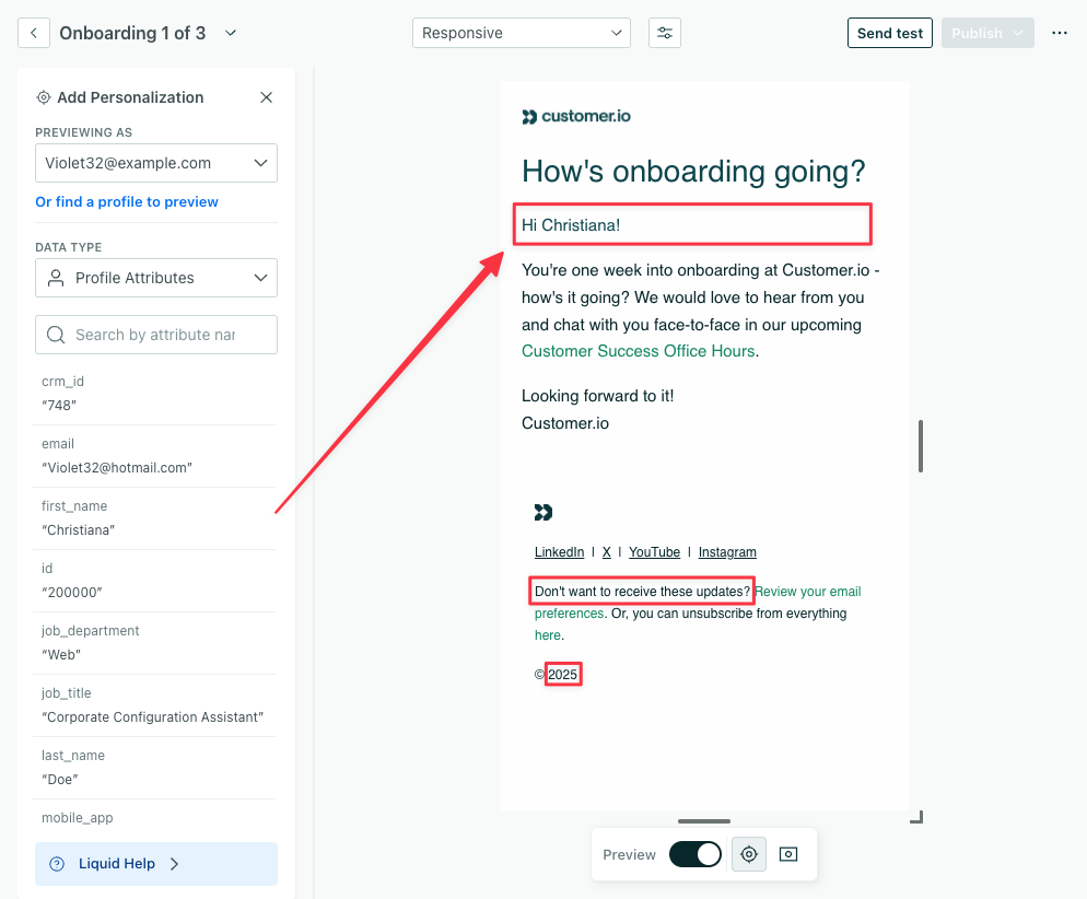 An email with the preview panel open. Each liquid statement is replaced with dynamic data.
