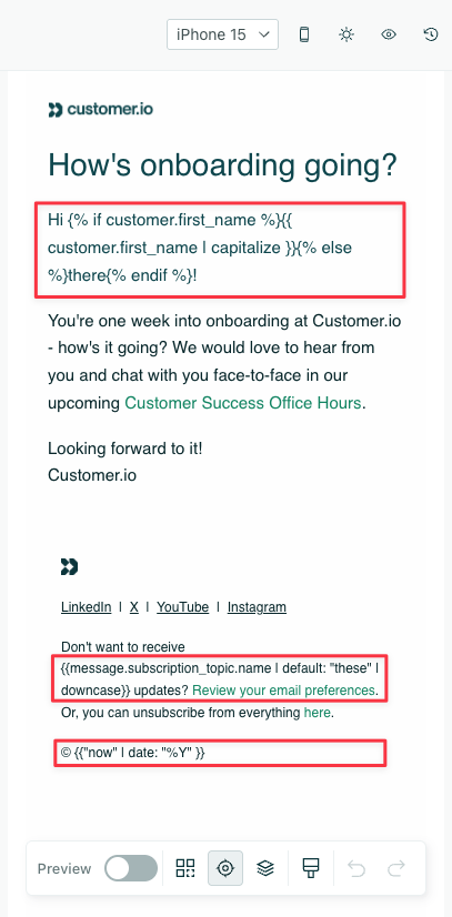 An email with three different liquid statements.