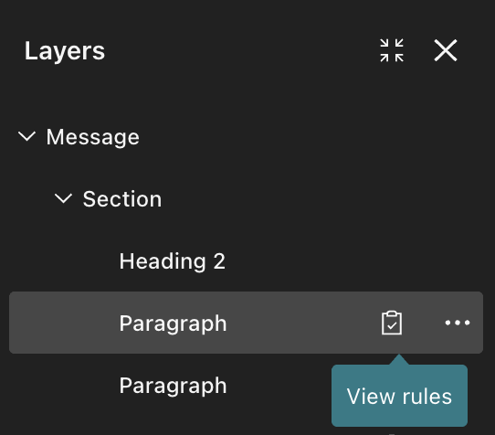 The Layers menu in the visual editor. The user can see which components have display rules.