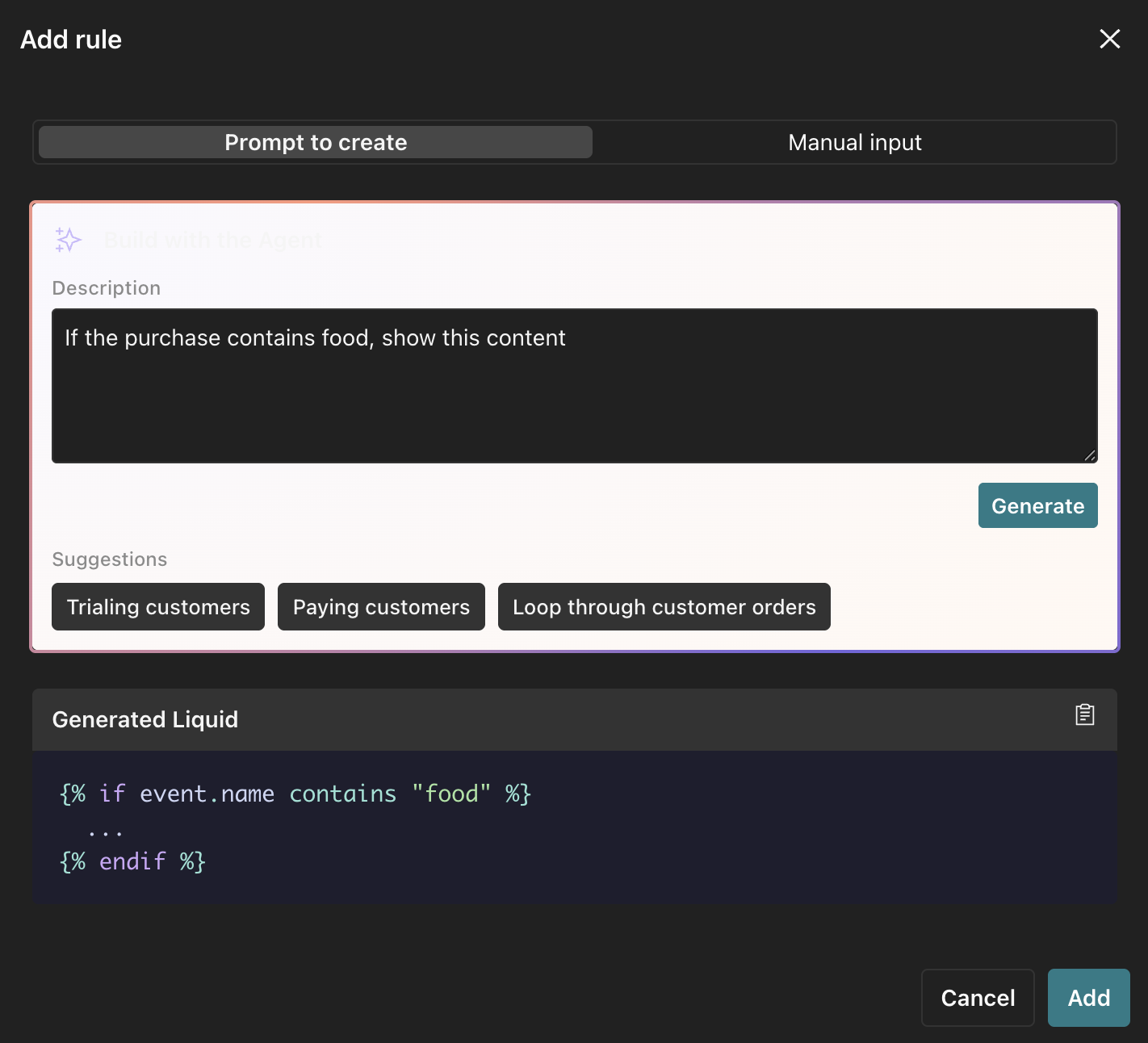 The agent panel in the visual editor. The user has described a condition and the agent has recommended liquid for them.