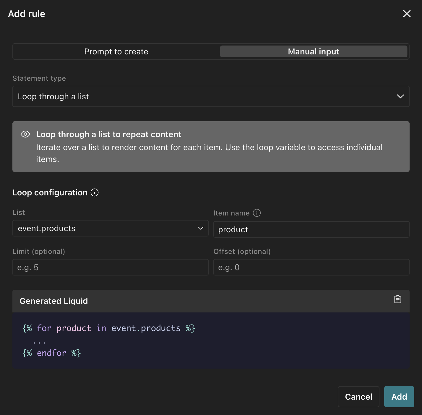 The manual input tab in the Rules panel. The user can select their conditions from the dropdowns.