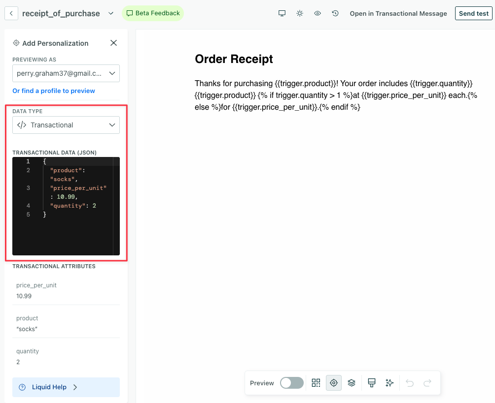 the transactional data editor in the personalization panel