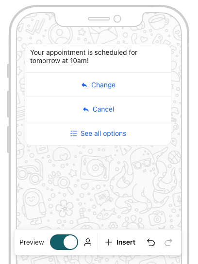 The whatsapp message builder with a preview of the buttons showing See all options.