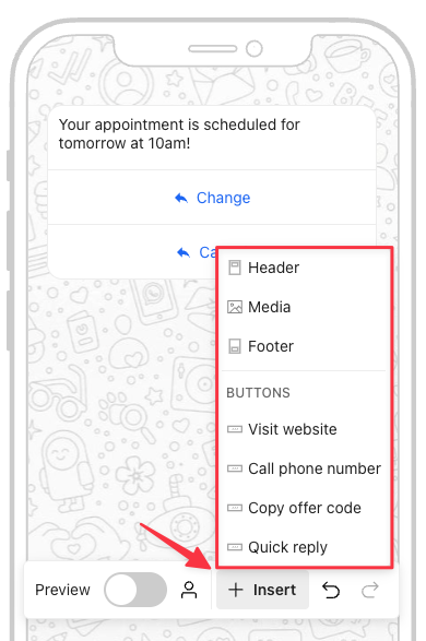 The whatsapp message builder with the insert menu open at the bottom.