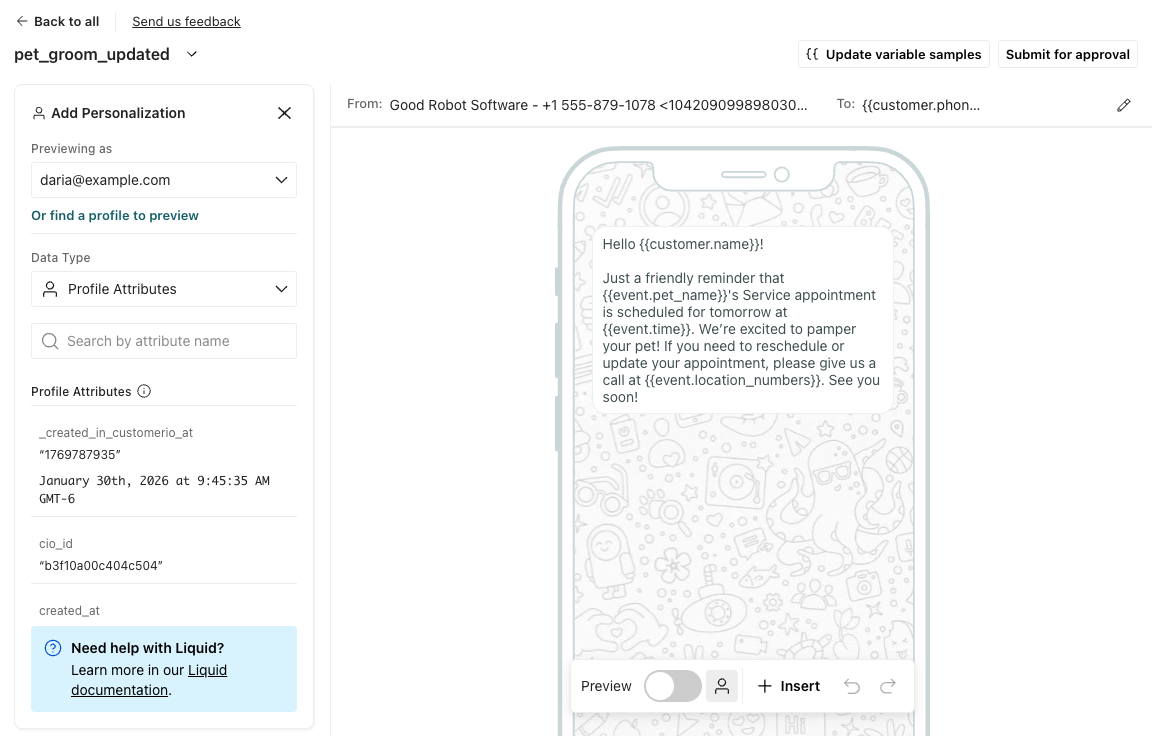 The whatsapp message editor with the name, category, language, and from and to fields.