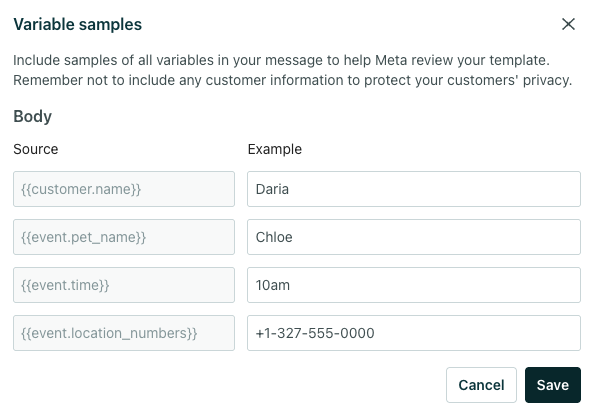 The message has 4 liquid variables so there are 4 sample values included.