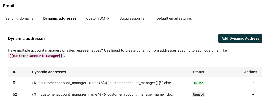 the bottom of the workspace settings email page where dynamic from addresses are listed