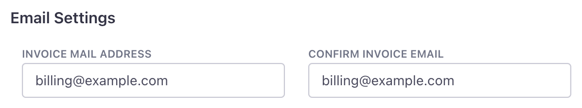 A screenshot showing a section of Edit Account Information in Account settings. Under Email Settings, there's a text-entry field titled Invoice Mail Address. And to the right is another field titled Confirm Invoice Email. In both fields is billing@example.com.