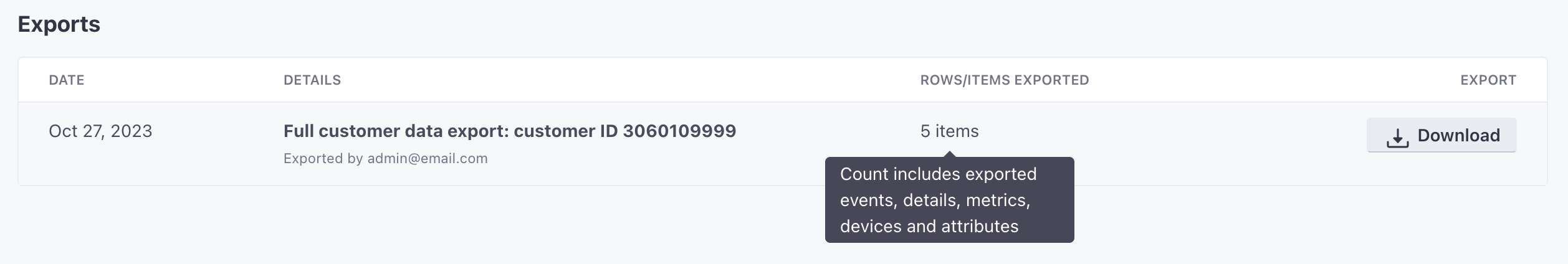 There is a table titled Export. The first row shows the date of the export, that its a full customer export, the number of items exported, and the option to download the file.