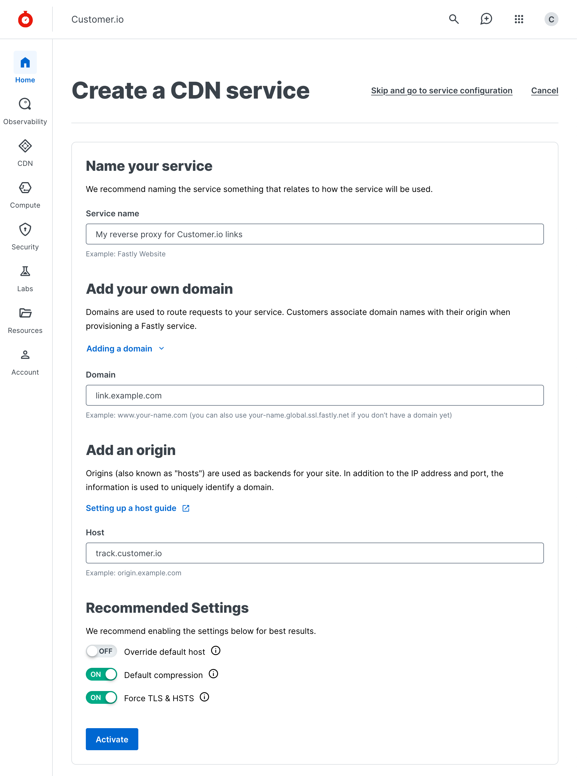 the CDN service page where you'll enter settings to set up your https link proxy