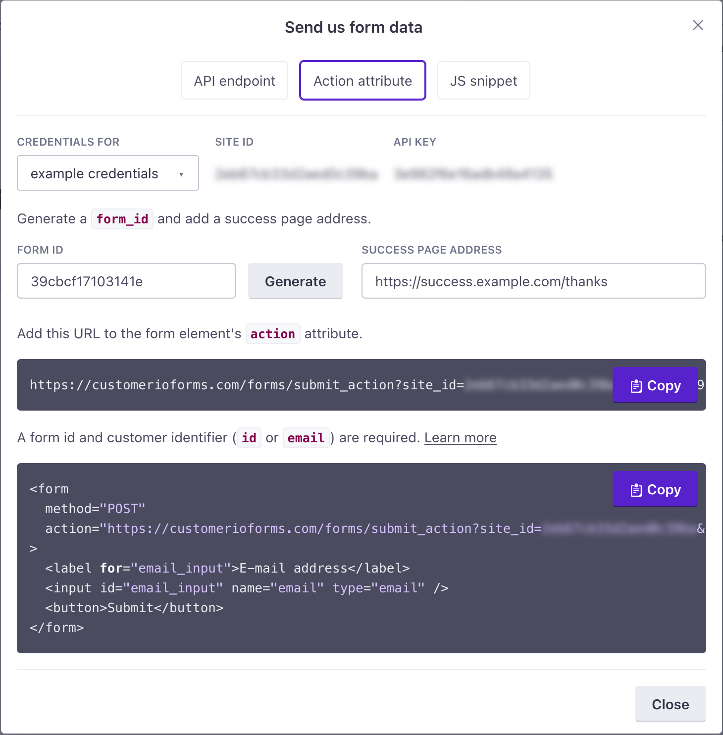 Copy the action URL to your form after you've filled out the Send Us Form Data modal