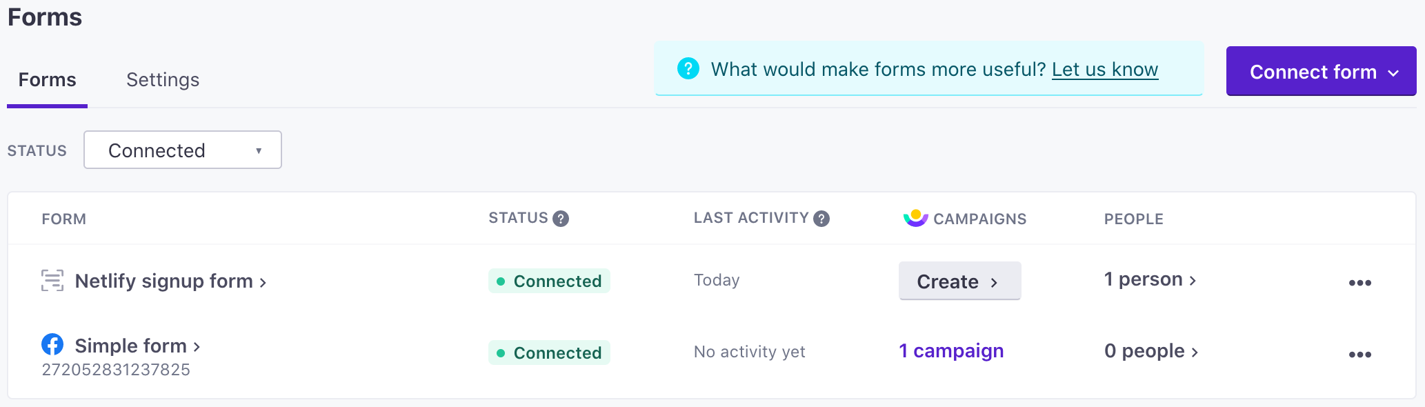 The forms page with a form added from the API