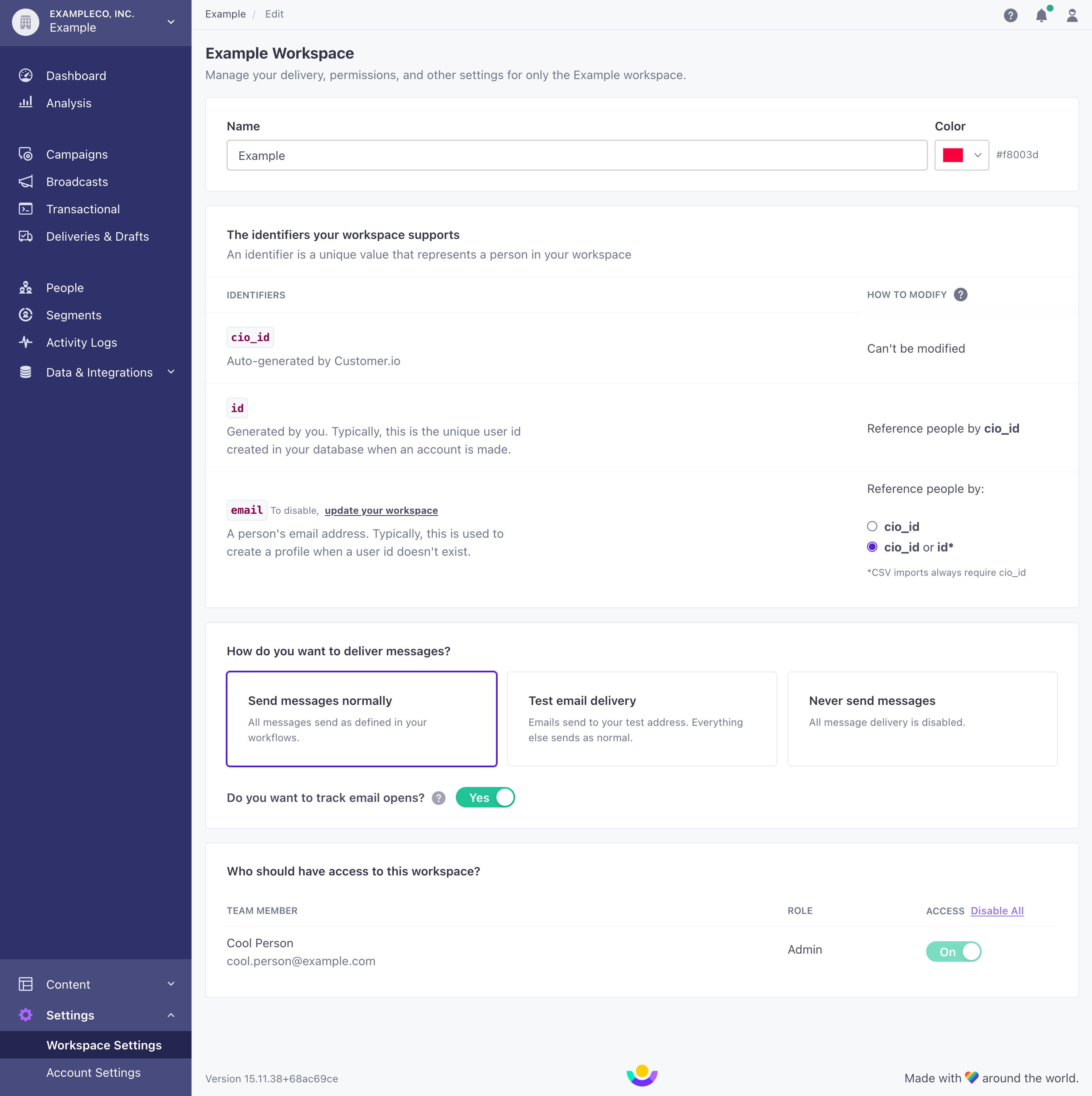 General workspace settings page