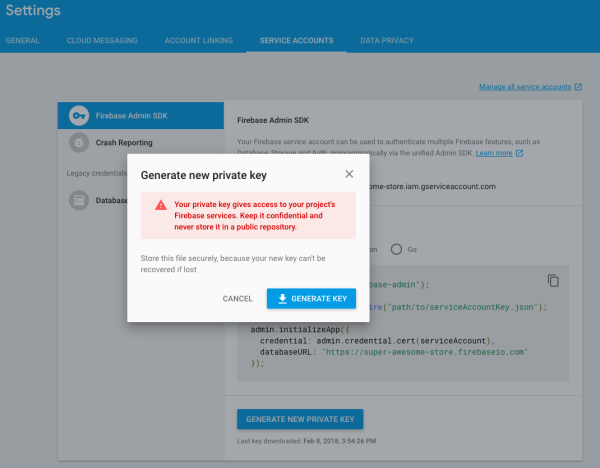 Generate a new private key in Firebase