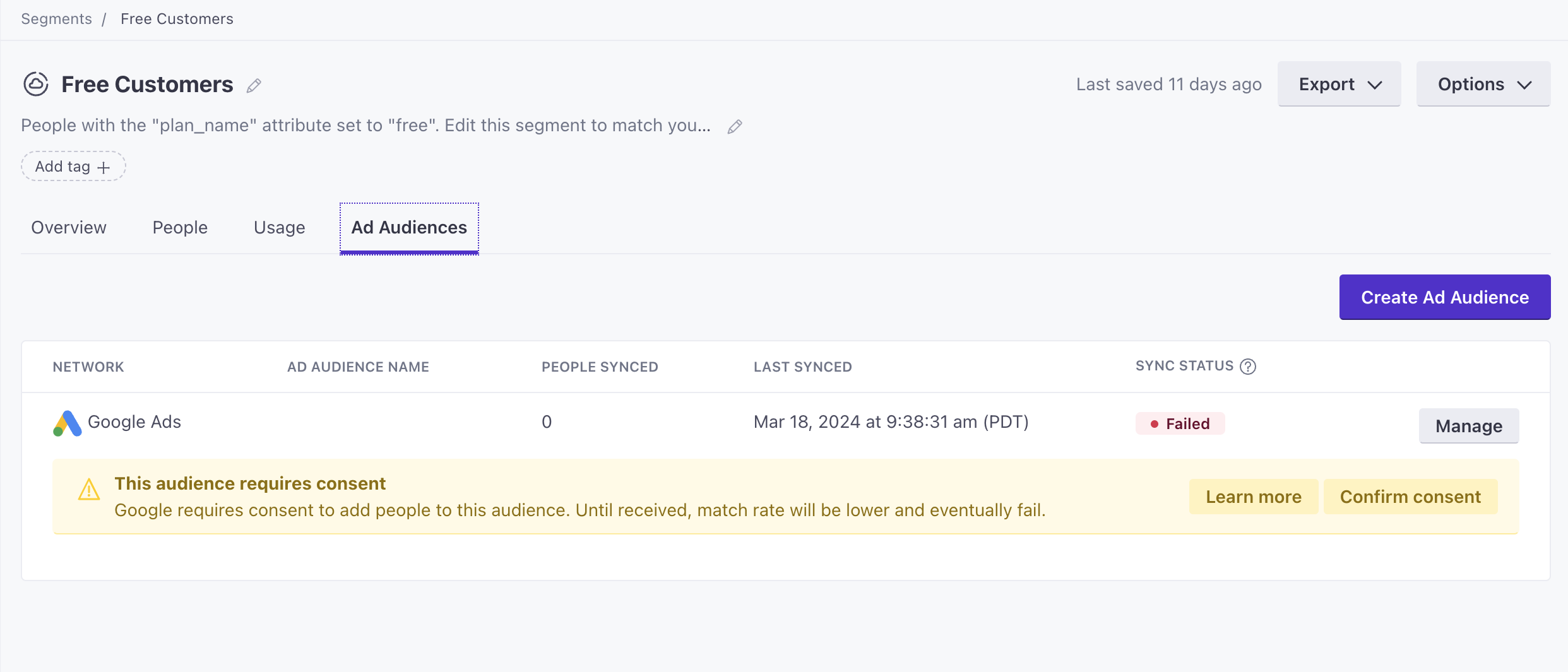 A yellow banner appears below the Google Ads sync on the Ad Audience tab of a segment. You can click Learn more or Confirm consent to update the sync.