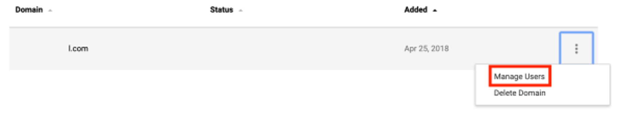 The three dots and Manage Users option displays in the top right of Google Postmaster Tools.