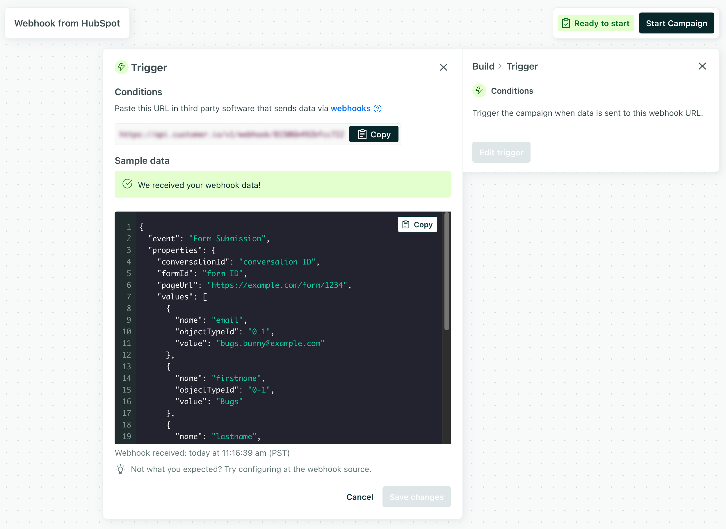 The list of actions in a workflow, with the send a webhook action at the bottom hovered