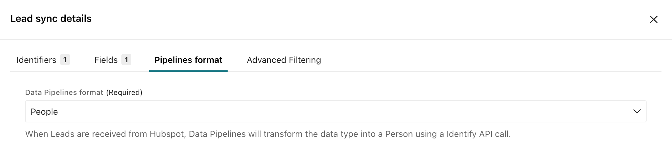 HubSpot sync custom sync showing the data pipelines format
