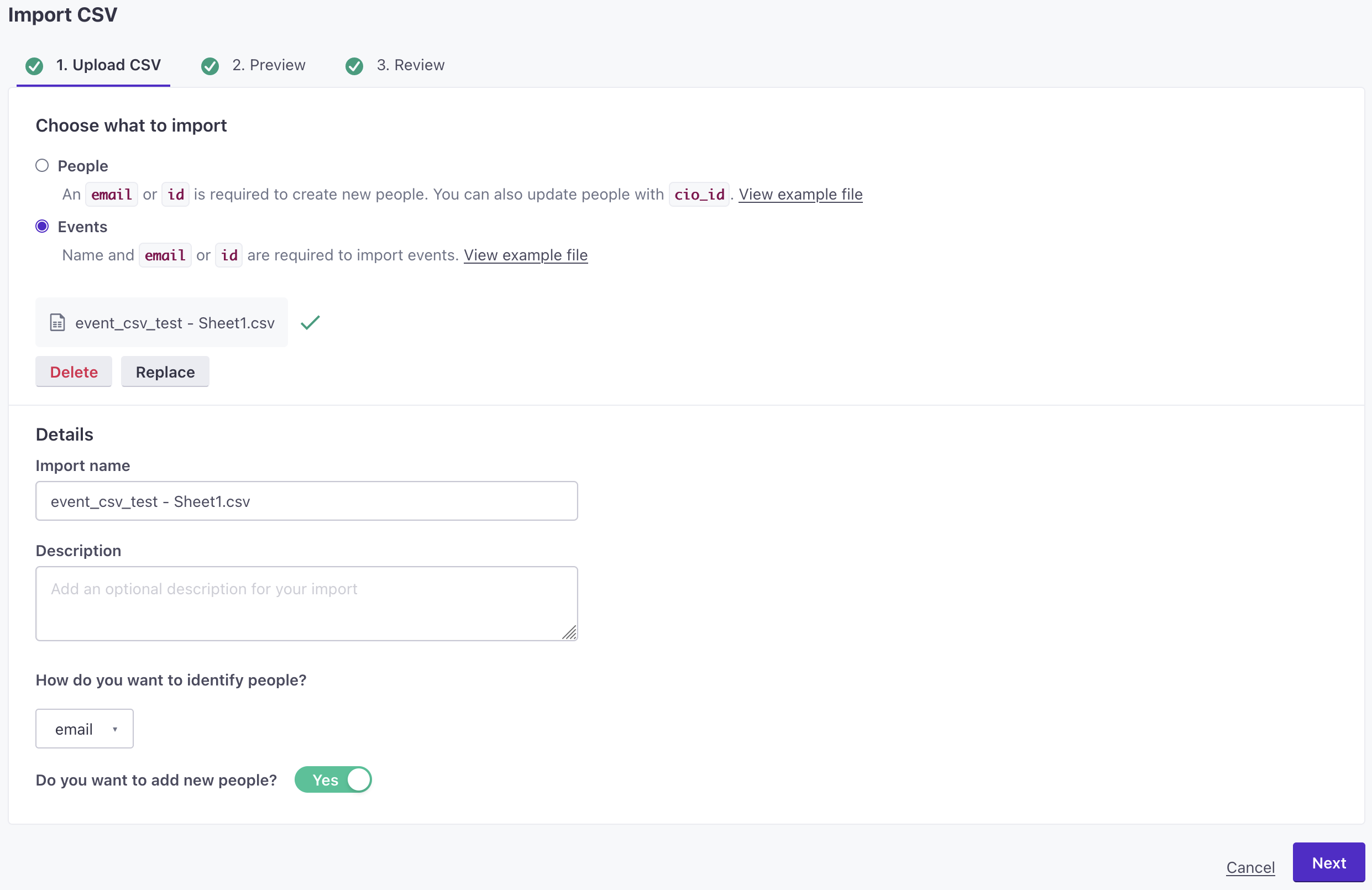 Settings when importing events via csv