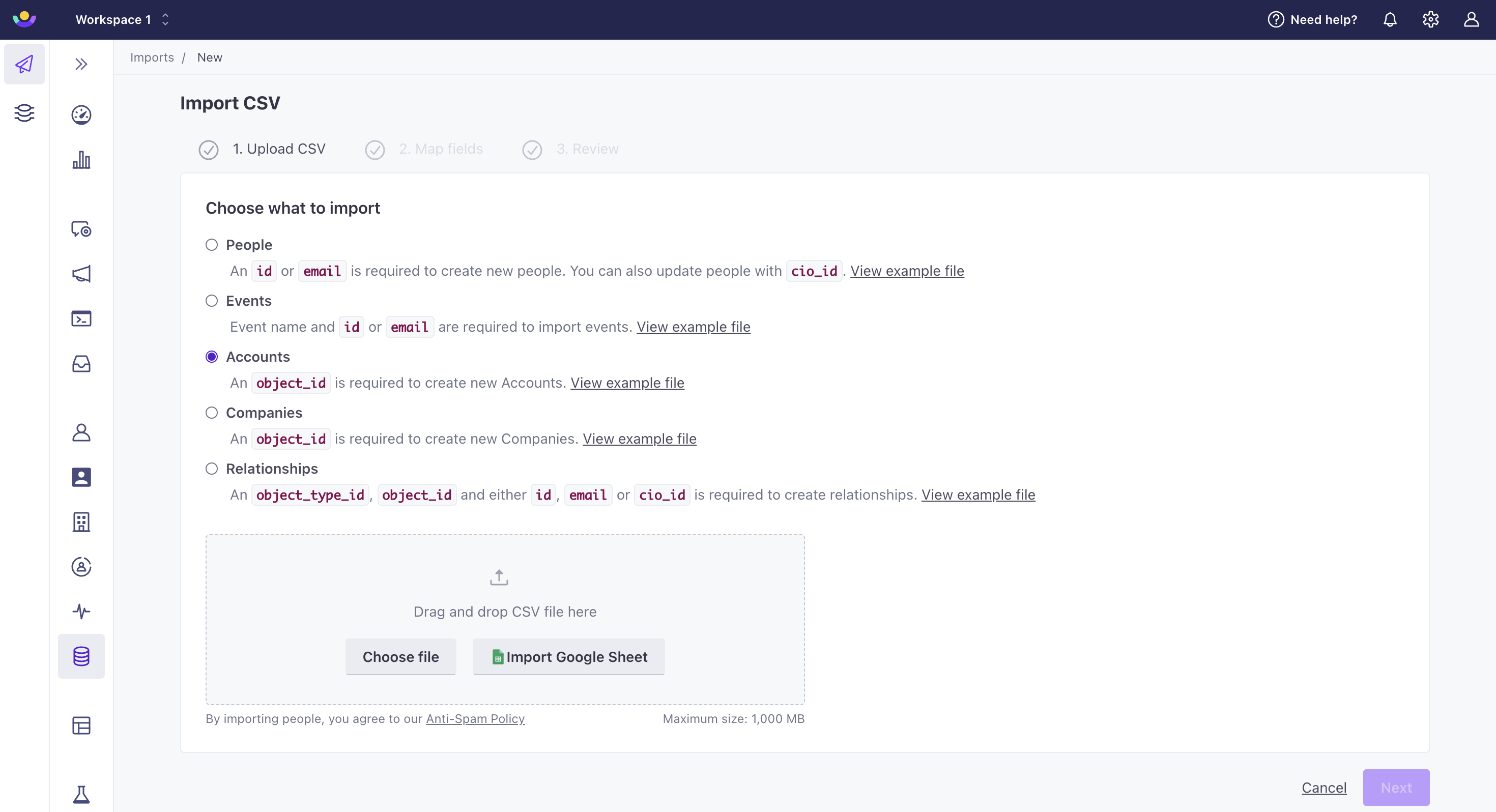 On the import page, the radial next to Accounts is selected. The description reads: an object_id is required to make new accounts.