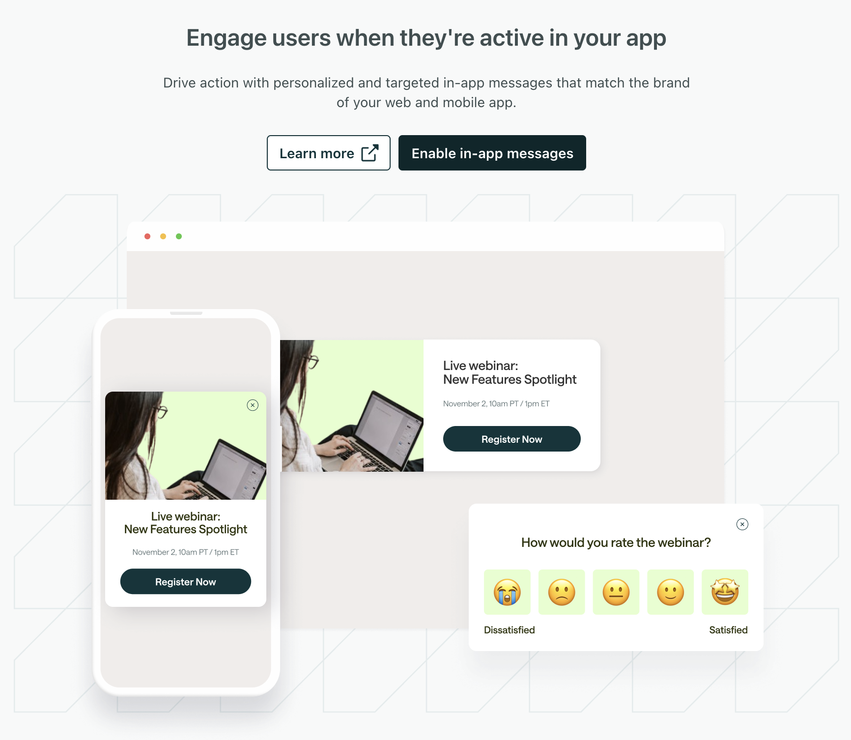 The in-app settings page, with the enable in-app messaging button highlighted