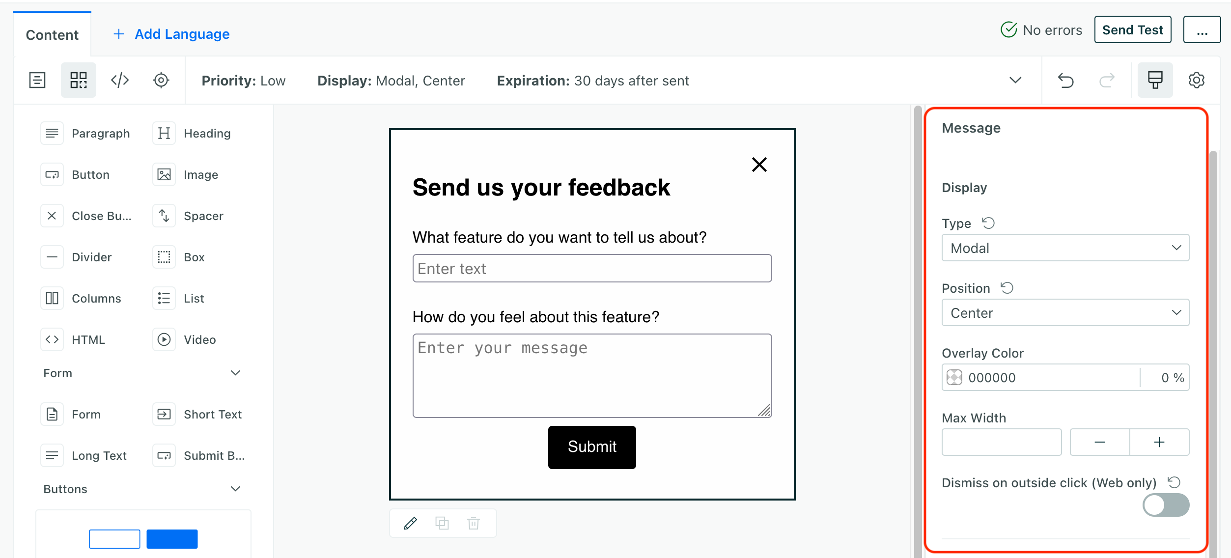 in-app display settings for a message with five buttons set to modal, center