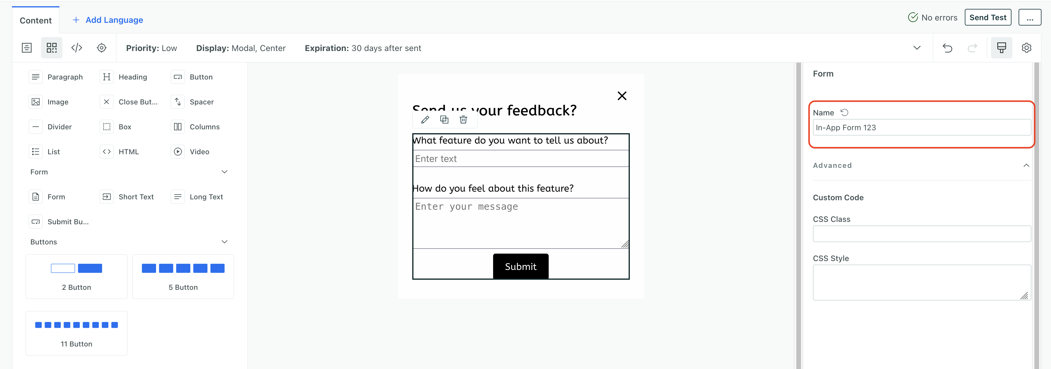 an in-app message with a form component selected so you can see the name value