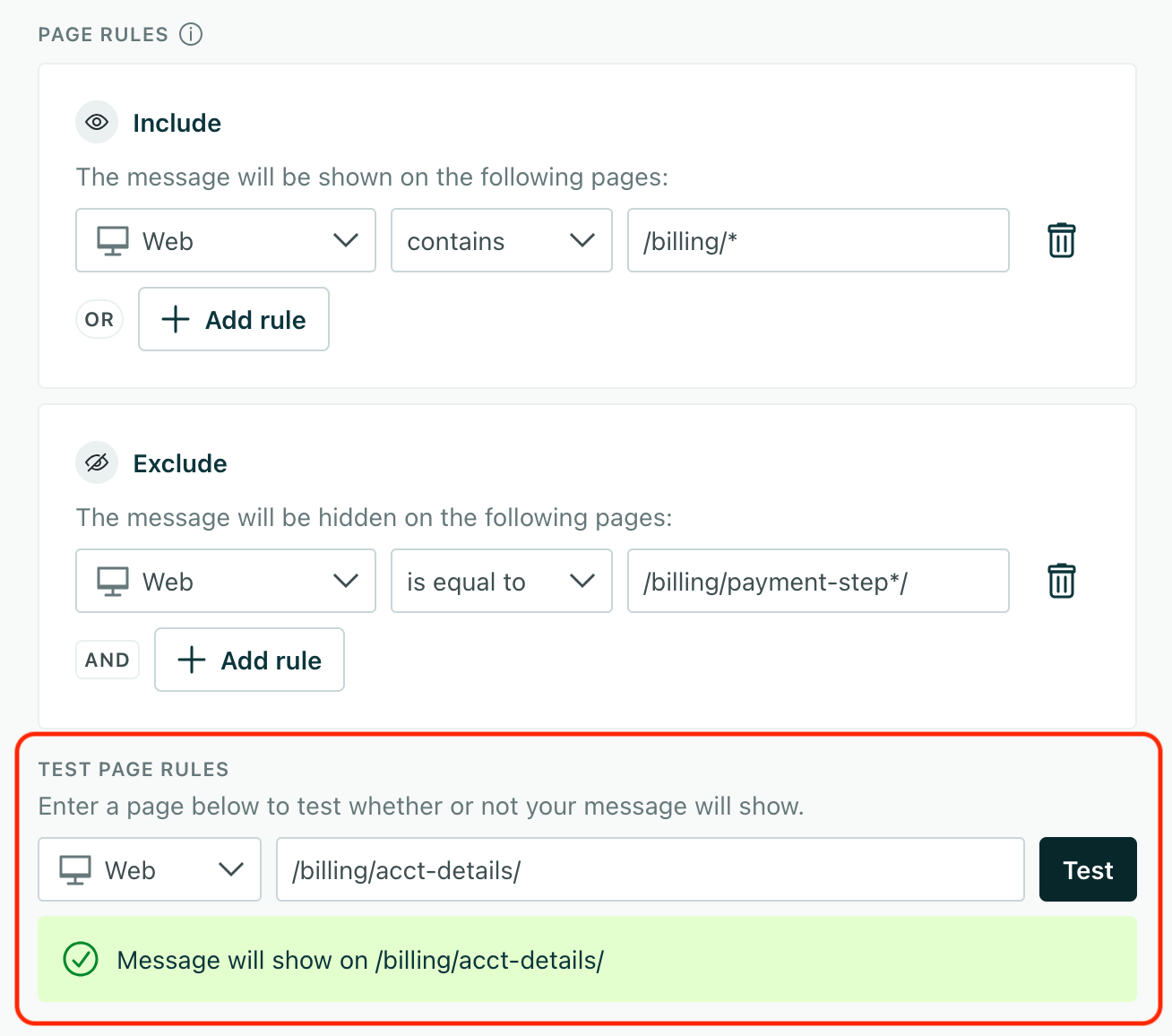 in-app page rule settings showing a valid test