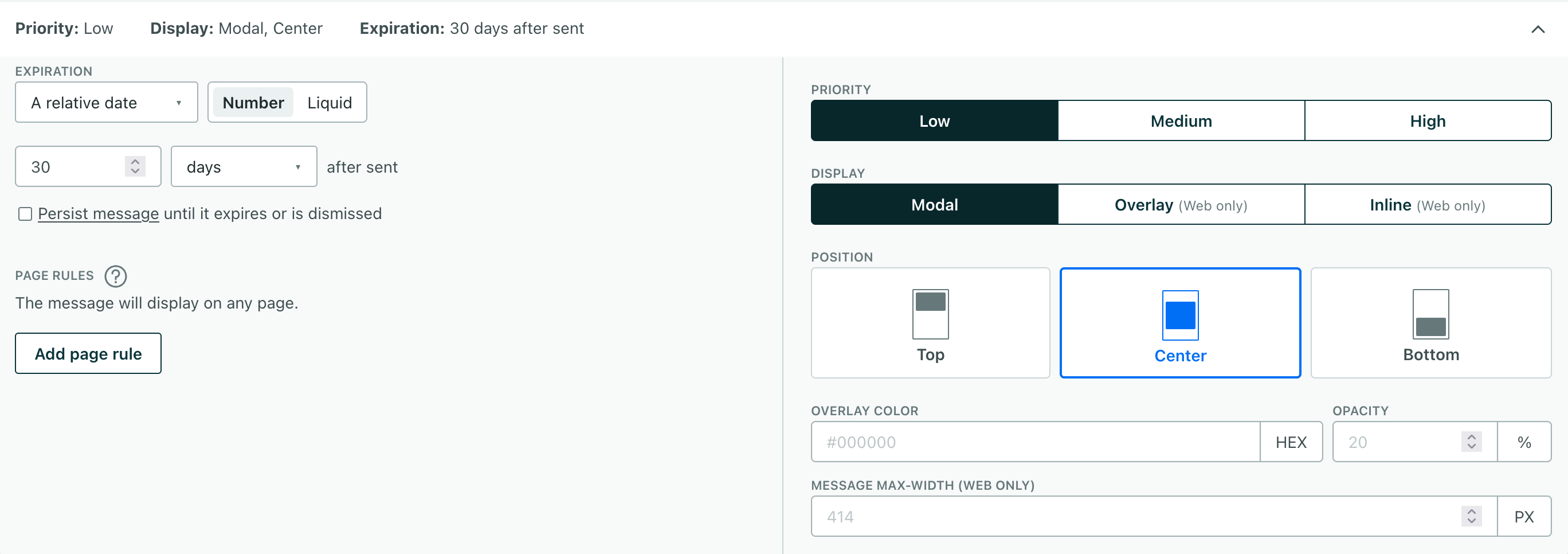 the in-app drop-down where you'll set your message's page rules, display rules, and expiration