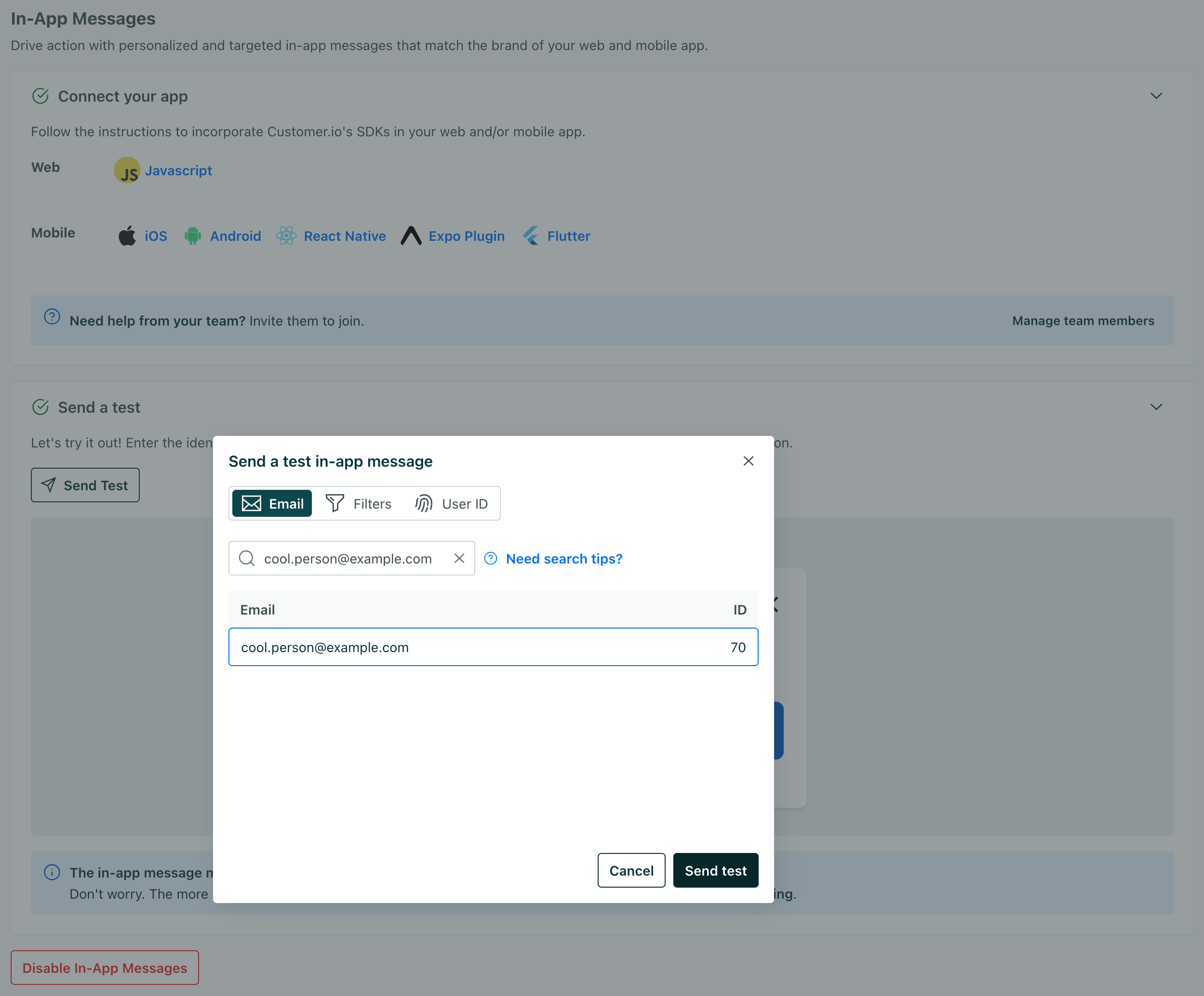 The in-app message settings page, with the send a test message button highlighted