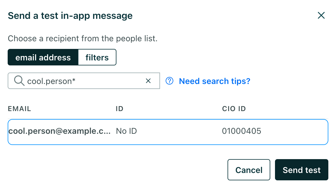 The send test box from an in-app campaign containing an email address