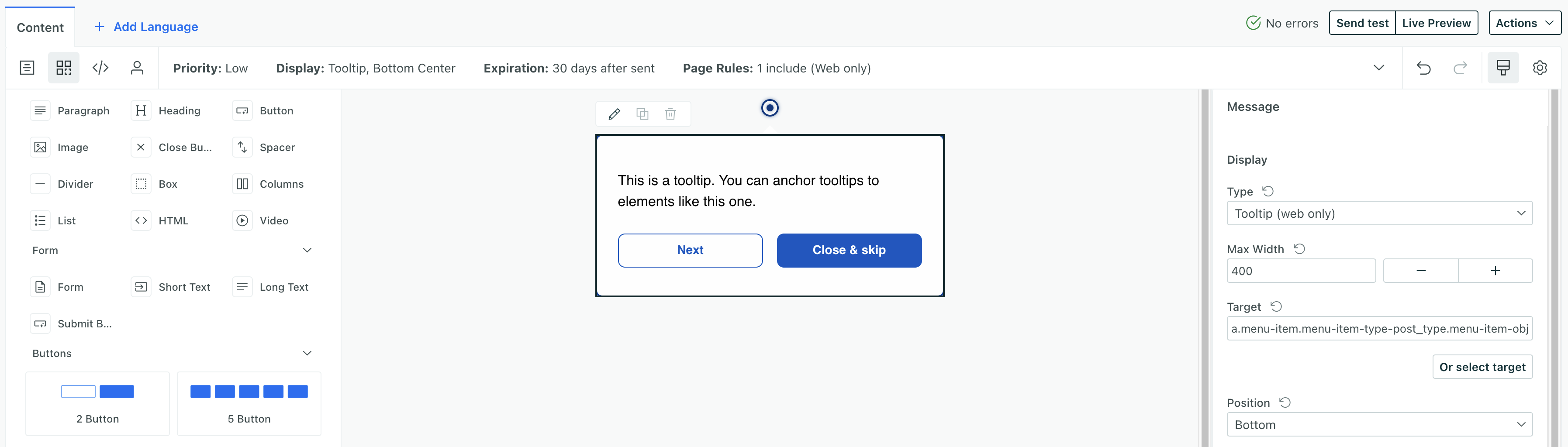 The in-app message editor showing a tooltip message with Next and Close buttons