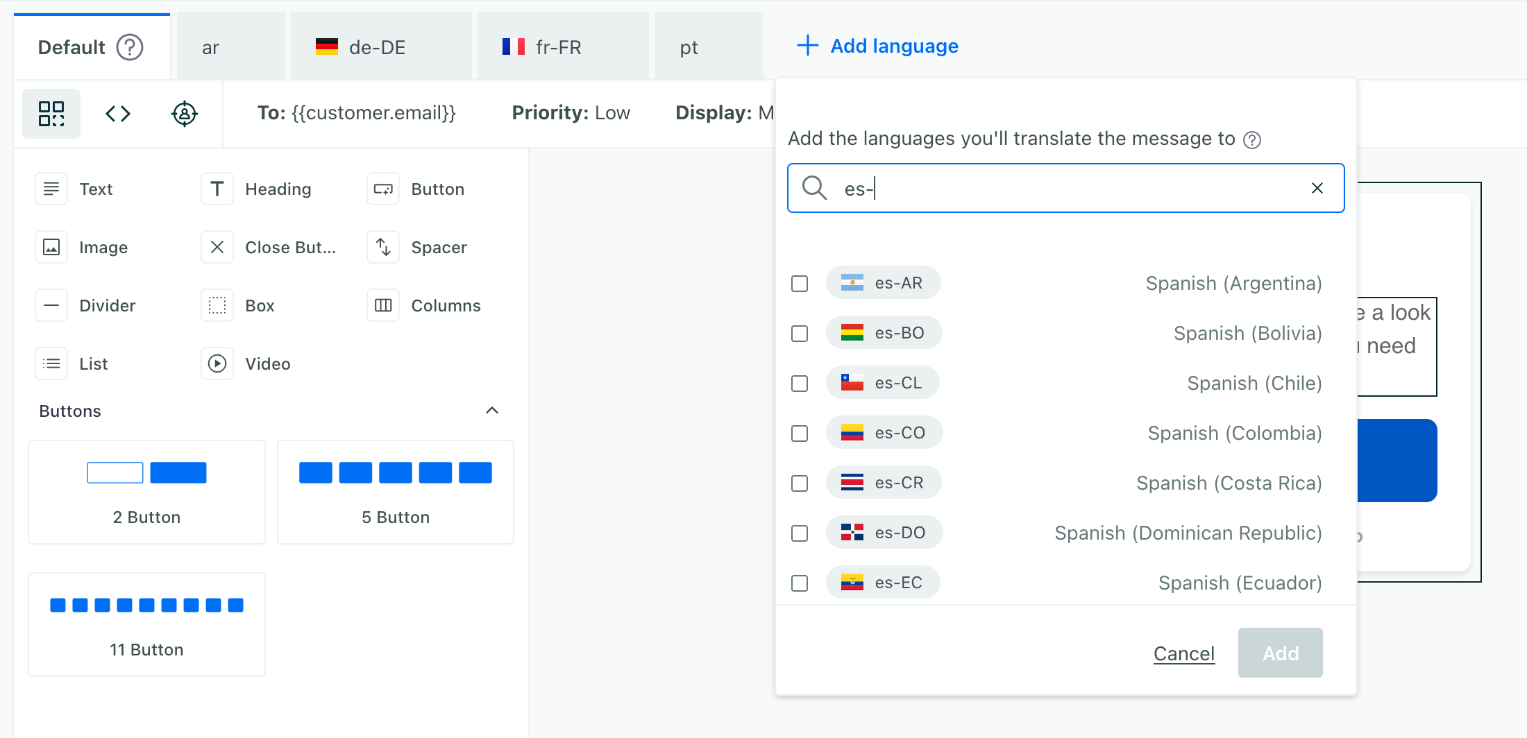 Add languages to localize your in-app message